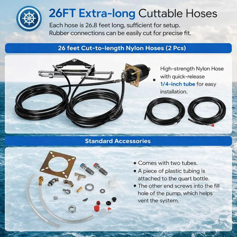 Beefed-Up 150HP Hydraulic Outboard Steering Kit 26ft hydraulic hoses and standard accessories for single-engine boats.