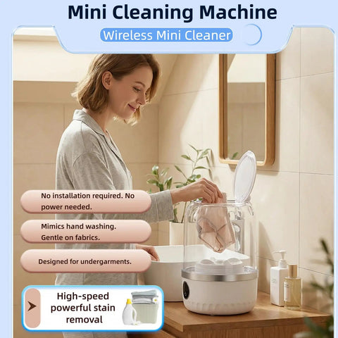 Slick Portable Mini Washing Machine With Digital Touch Controls And Usb Rechargeable Design Perfect For Underwear Socks And Delicates In Dorms Or Rvs Is A Straight Up Game Changer, shown in bathroom with user loading laundry.