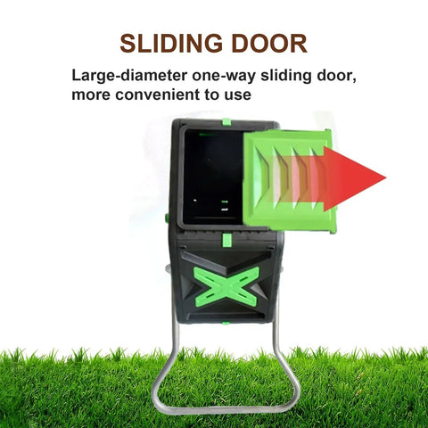 Outdoor Compost Tumbler With Rotating Design And Air Vents 70 L 18.5 Gallon Heavy Duty Garden Bin with sliding door on grass