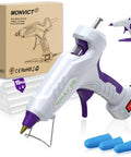 Full Size Dual Temp Hot Glue Gun With 60 And 100 Watt Power On Off Switch Beefy Heavy Duty Industrial Melt Gun Includes 15 Glue Sticks And 3 Finger Protectors For Craft DIY And Repairs Built In Stand For Easy Use, displayed with accessories