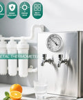 Stainless steel water dispenser with mounted Half Inch NPT Bimetal Thermometer Rugged Back Mount 3.2 Inch Dial, in kitchen setting.