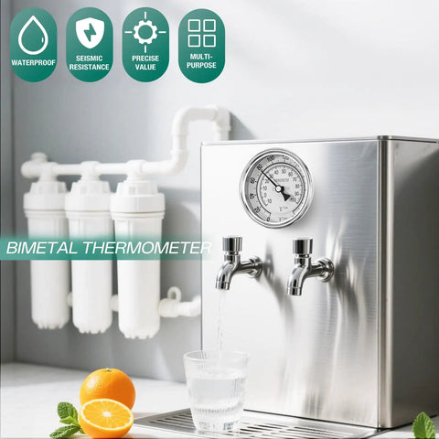 Stainless steel water dispenser with mounted Half Inch NPT Bimetal Thermometer Rugged Back Mount 3.2 Inch Dial, in kitchen setting.