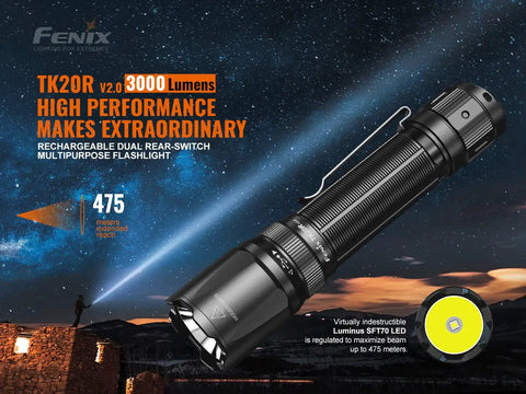 Rechargeable 3000 Lumen Tactical Flashlight With Long Throw Be Your Night Hunter USB C Power TK20R V2.0 Tac Light against starry sky