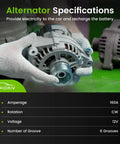 160 Amp High Output Alternator For 2007 To 2014 GMC Yukon Sierra Silverado Tahoe Suburban Avalanche Direct Replacement Plug And Play Replaces 15093928 15905871 ADR0369 displayed with specifications.