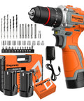 Powerhouse Brushless Cordless Drill Set With Four In One Action And Fifty Newton Meters Torque includes drill, bits, batteries, charger.