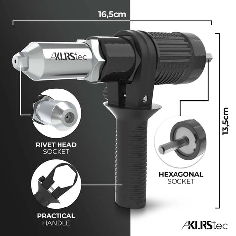Heavy Duty Rivet Gun Adapter For Drill with 16.5cm length, 13.5cm height, practical handle, and hexagonal socket.