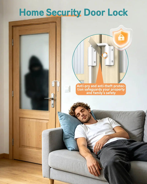 Lock Down Your Doorway With Heavy Duty White U Shaped Sliding Door Lock featuring tough anti pry rotating latch for 90 or 180 degree barn doors, shown mounted.