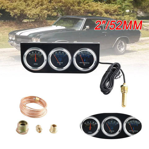 BAGARAATAN triple gauge kit: 3 chrome 2-inch mechanical gauges for ammeter, oil pressure, water temperature with copper tubing and sensor.