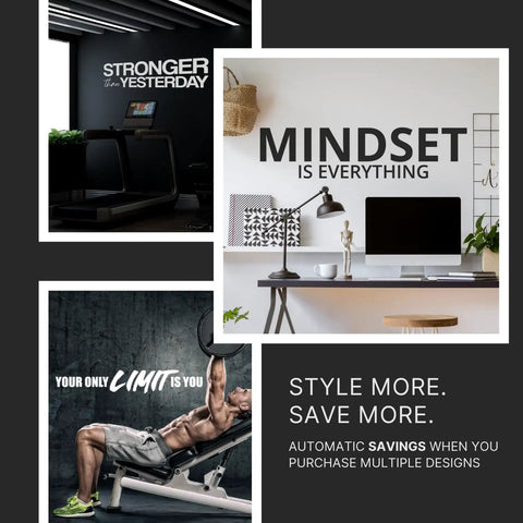 Motivational wall decals in gym and office settings, featuring quotes 'Stronger than yesterday' and 'Mindset is everything'.