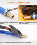 Three methods for removing 120 Pcs Three Quarters Inch PEX Cinch Clamps Rings, 304 Stainless Steel Single Ear Hose Clamps shown.