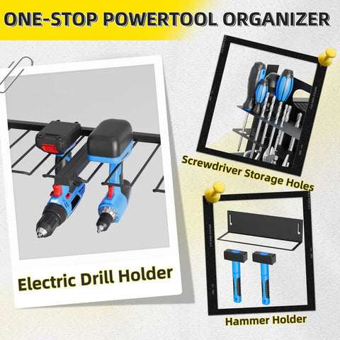 Heavy Duty Power Tool Organizer Wall Mount With Charging Station And Drill Holder, 600 Lb Capacity, Battery Shelf shown with tools