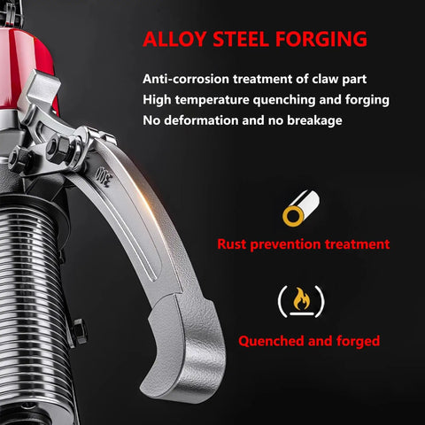 Close-up of Heavy Duty Workhorse Hydraulic Gear Puller and Wheel Bearing Separator demonstrating alloy steel forging and claw design.