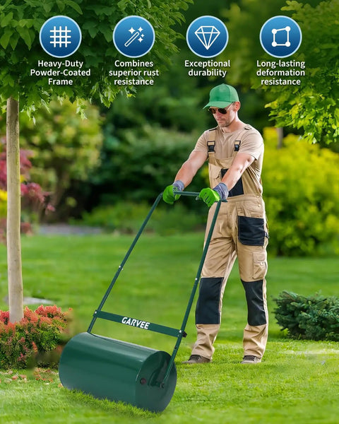 Person using Heavy Duty 23 Inch Lawn Roller For Push Or Tow Behind Use Steel Sod Roller With U Shaped Handle 13 Gallon Water Or Sand Fill