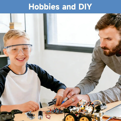 Boy and man building DIY robot with 12V DC Worm Gear Motor With PWM Speed Controller on table
