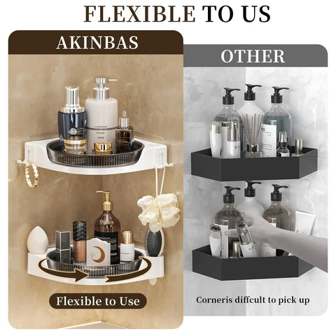 Super Sturdy Premium Three Tier Corner Shower Caddy With Slick 360 Spin Lazy Susan Tray And No Fuss Wall Mount For Game Changing Bathroom Dorm And Kitchen Storage In Classic White, shown with various cosmetics.