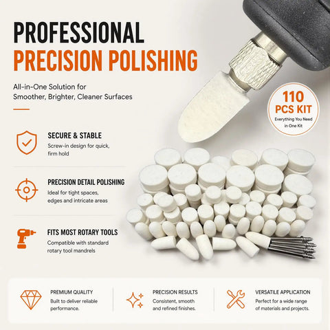 110 Piece Rotary Tool Polishing Kit All In One Pro Grade With Felt Wheels Buffing Wheels And Bullet Bits One Inch And One Half Inch Sizes Plus Five Stainless Mandrels. Image shows polishing components and tool detail.