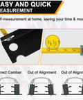 Wheel Alignment Tool With Imperial Tape Measure No Caliper Removal Upgrade Automotive Alignment Kit That Lets You Align Without Removing Calipers Heavy Duty Stainless Steel Toe Plates For Most Cars Trucks And SUVs shown with diagram and tape measure.