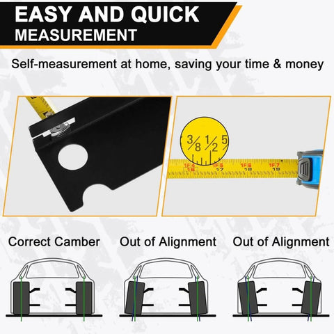 Wheel Alignment Tool With Imperial Tape Measure No Caliper Removal Upgrade Automotive Alignment Kit That Lets You Align Without Removing Calipers Heavy Duty Stainless Steel Toe Plates For Most Cars Trucks And SUVs shown with diagram and tape measure.