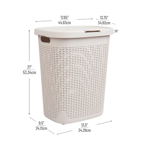 Slim Laundry Hamper With Lid 50L Capacity Clothes Basket In Ivory Plastic With A Wicker Look Durable Portable Laundry Organizer