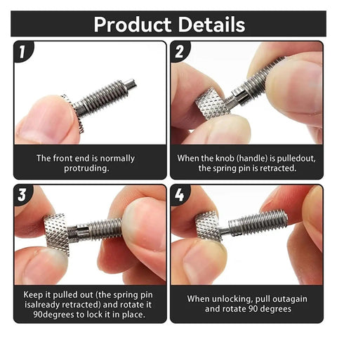Product details showing Two Pack M6 Retractable Indexing Plunger Pins With A Sweet Knurled Handle And Heavy Duty Spring Lock Mechanism.