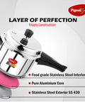5 Quart Stainless Steel Pressure Cooker With Outer Lid For Stovetop And Induction Base shown with tri-ply construction details