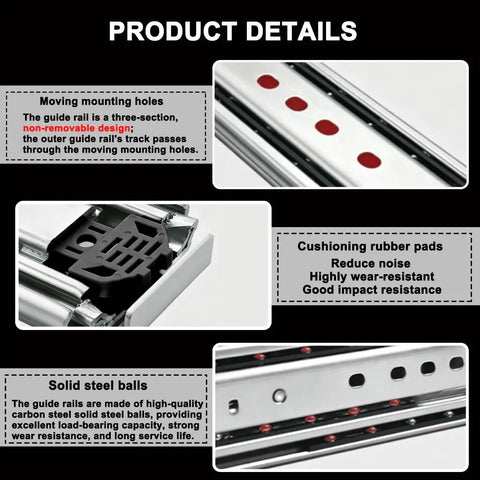 Heavy Duty Locking Drawer Slides 76mm Wide For File Cabinets And Tool Trucks, 3 Fold, 1 Pair, Sturdy Locking Mechanism That Keeps Drawers From Sliding Open In Transit. close-up of steel balls and rubber pads