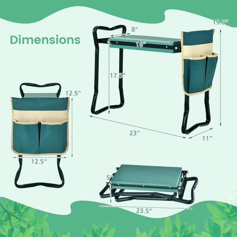 Garden Kneeler Bench With Tools Pouch Foldable Garden Seat Stool Kneeling Pad Cushion For Patio Yard And Lawn with dimensions shown