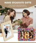 Fun DIY Mosaic Photo Frame Kit For 4x6 Photos displayed on a table with two people exchanging a gift, showcasing a wedding and family photo.