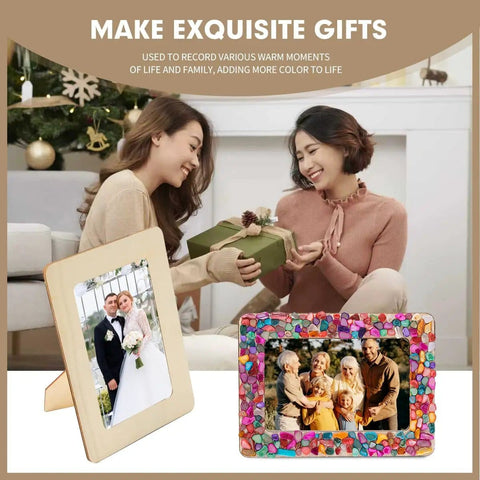 Fun DIY Mosaic Photo Frame Kit For 4x6 Photos displayed on a table with two people exchanging a gift, showcasing a wedding and family photo.