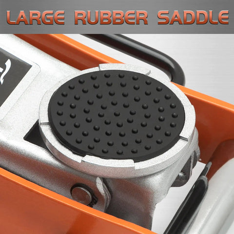 Close-up of large rubber saddle on Low Profile 2 Ton Floor Jack With Aluminum And Steel Build, Dual Pump System in bright orange.