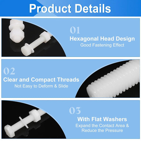 Hella Tough M8 x 30mm Nylon Hex Bolt And Nut Kit With Flat Washers showing hexagonal head and clear compact threads.
