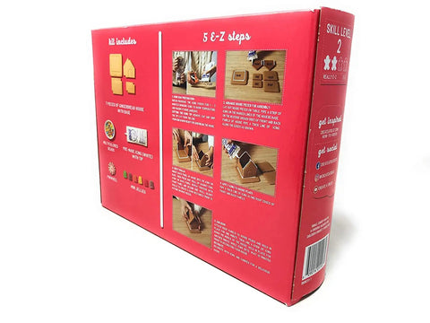 Back of EZ Build Gingerbread House Kit box showing instructions and contents for kid-friendly holiday craft.