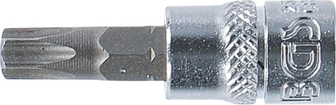 One Quarter Inch Drive Bit Socket Torx T35 T-Star Knurled Chrome Vanadium Steel Satin Chrome Plated 38mm Length For US Cars Door Covering And Dashboard Trim Durable Pro Grade Tool For Easy Vehicle Access And Quick Torx Bit Changes.