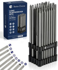 Heavy Duty Long Screwdriver Bit Set Contains Thirty Two Six Inch Reach Drivers With Quarter Inch Hex Shanks Forged From Tough S2 Steel, arranged in display.