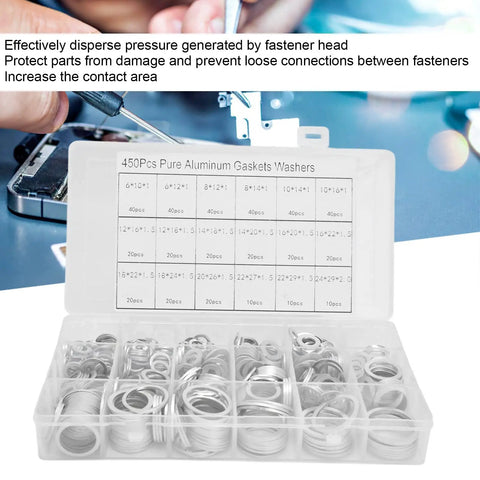 Rustproof Aluminum Washer Kit With Storage Box 450 Pcs Flat Round Washers For DIY Projects Super Handy Furniture Repair Appliances And Outdoor Gear Ultra Durable Gaskets For Quick Easy Home Fixes, labeled organizer box
