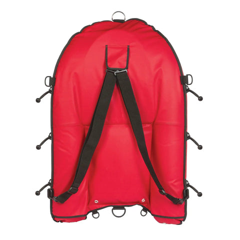 Go To Heavy Duty Universal Floating Object Bag with 600D shell, 12 hooks, 28 D rings, red with black straps, back view.