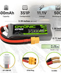 Product image of 3S 1400mAh 11.1V LiPo Battery With 50C Discharge, XT60 And TRX Connectors, showing dimensions and plugs