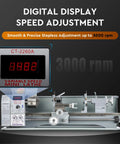 Digital display of speed adjustment on a benchtop mini metal lathe with up to 3000 rpm for precise metalworking.