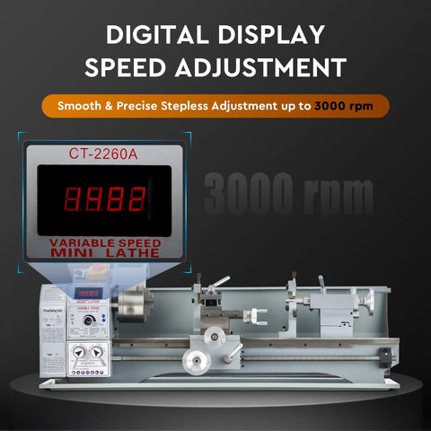Digital display of speed adjustment on a benchtop mini metal lathe with up to 3000 rpm for precise metalworking.