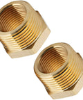 Two brass hex reducer bushings, 1" male to 3/4" female NPT threaded fittings
