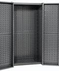Heavy Duty Deep Door Bin Storage Cabinet Assembled With 156 Blue Plastic Organizers Built Like A Tank For Garage Tools And Shop Gear With Cut Resistant Lock Hasp Real Deal, empty grey cabinet interior.
