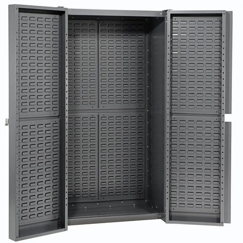 Heavy Duty Steel Storage Bin Cabinet Arrives Loaded With 156 Vibrant Yellow Plastic Bins For Garage Work Organization showing grey interior layout.