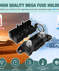 Heavy Duty Mega Fuse Holder Pack Of 2 With Secure Cover For Cars Trucks And Vans Top Shelf visual of fuse holders showing temperature range and features