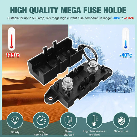 Heavy Duty Mega Fuse Holder Pack Of 2 With Secure Cover For Cars Trucks And Vans Top Shelf visual of fuse holders showing temperature range and features