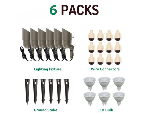 Six Pack Bronze Outdoor Landscape Lights 4W 12V Low Voltage LED Spotlights Warm White Waterproof With Replaceable Bulbs and accessories