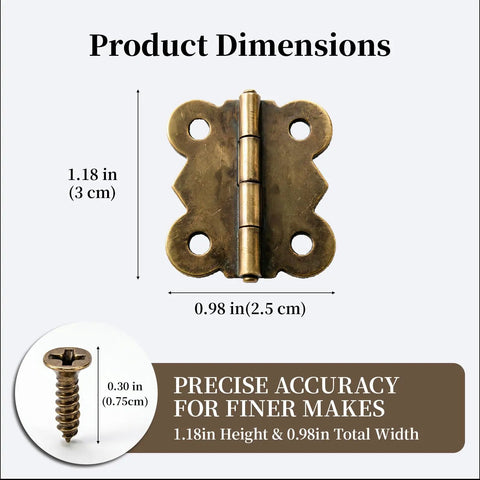 80 Piece Antique Bronze Butterfly Hinges Set Small Retro Vintage Vibe Mini Hinges With Screws dimensions display