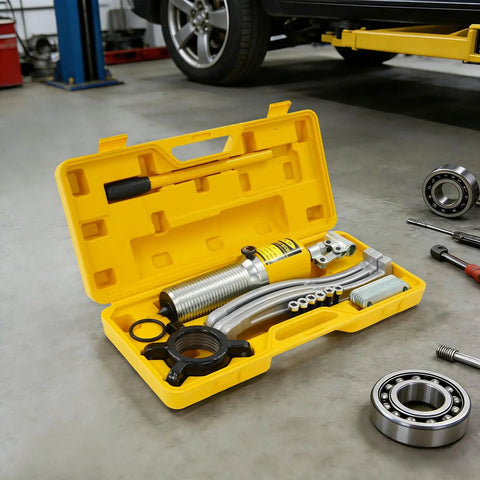 Premium 20 Ton Hydraulic Bearing Puller Kit With 2 3 Jaws Tough Steel Anti Rust Yellow Paint For Mechanics Who Need Raw Power To Extract Stubborn Bearings Smoothly Resists Wear Ensuring Reliable Performance For Daily Garage Grind. yellow case with hydraulic puller, jaws and bearings in workshop