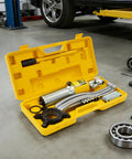 Hardcore 20 Ton Hydraulic Bearing Puller Kit Featuring Adjustable Two Or Three Jaw Grip To Rip Out Stubborn Wheels Hubs Brakes And Pulleys Fast In Any Garage Shop Great For Professional Mechanics Who Need Serious Muscle Power To Get The Job Done, yellow case open
