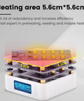65W 20V SMD Preheating Soldering Station with OLED display, compact 56x56mm hot plate showing heating area for PCB rework