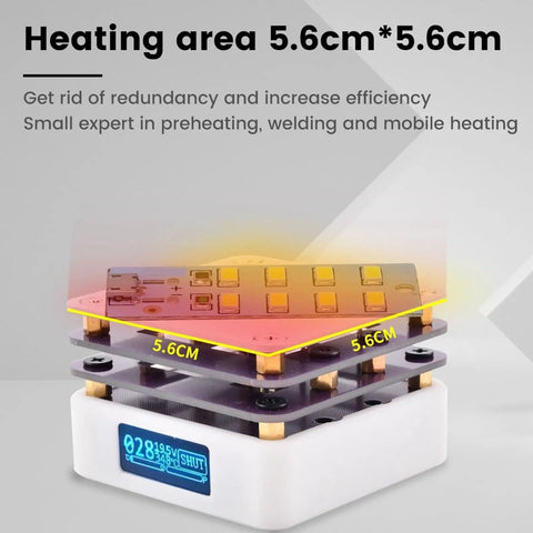 On The Go SMD Soldering Preheater Plate 65W With OLED Display showcasing heating area and compact design.